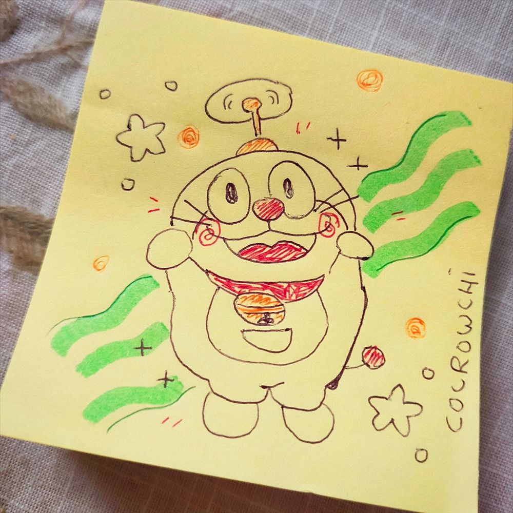 Dibujo en un post it de Doraemon 