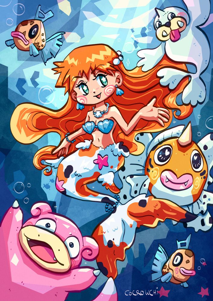 Ilustración digital de Pokémon donde aparece Misty versión sirena y varios Pokémon a su alrededor, los cuáles son: dos feebas, un slowpoke, un Seaking y un Seel