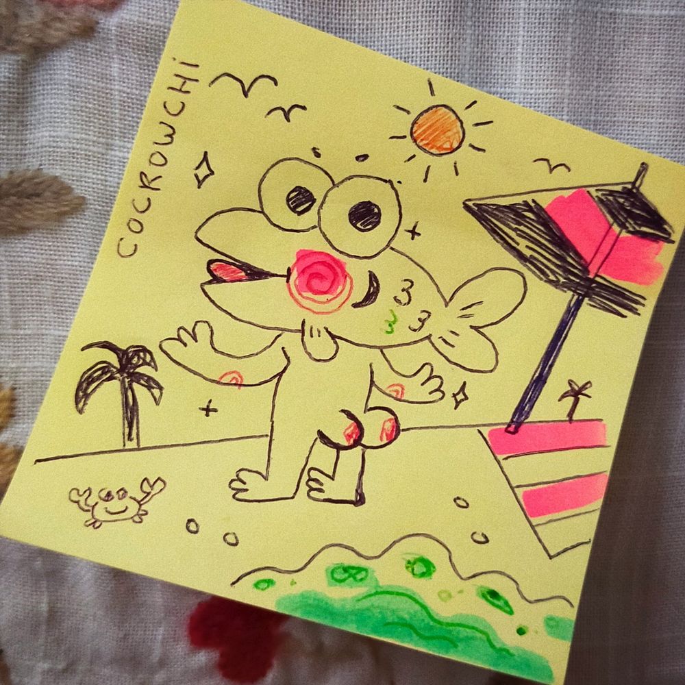 Dibujo en un post it de un hombre con la cabeza de un pez enseñando el culo en una playa