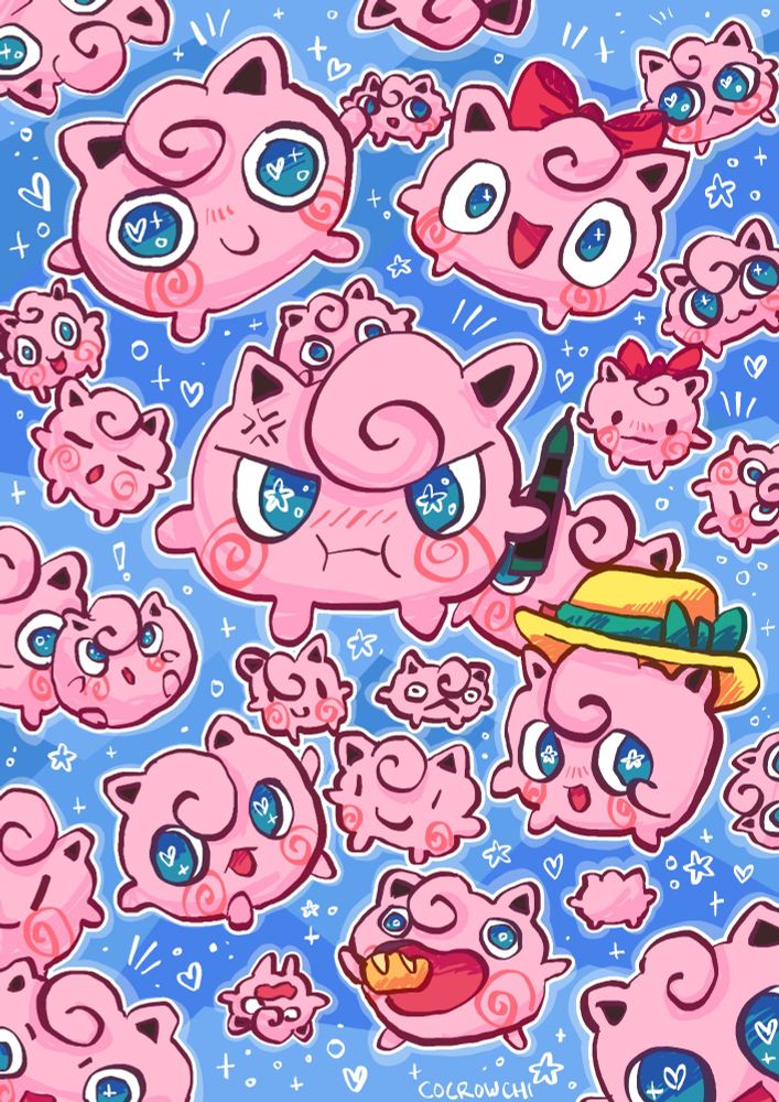 Ilustración con muchos Jigglypuff de Pokémon 