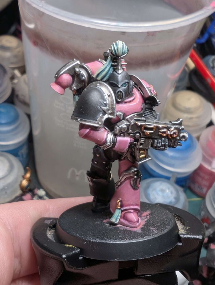 Front view of a mostly-painted Emperor's Children Tormentor, armed with a boltgun.