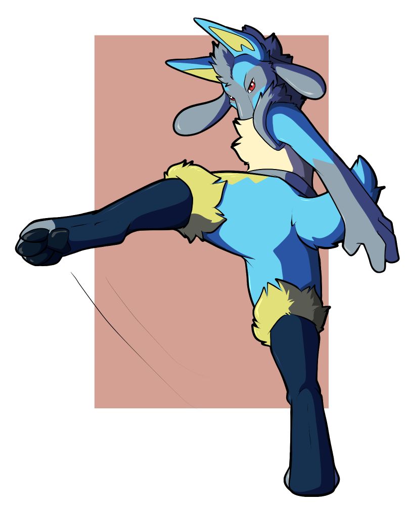 My pokesona fusion (Cinderace/Lucario) Lace doing an upward kick with his left leg.