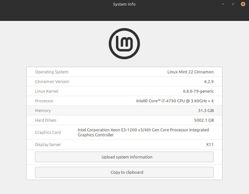Linux Mint System Info. Added 16GB of RAM to give me 32GB.