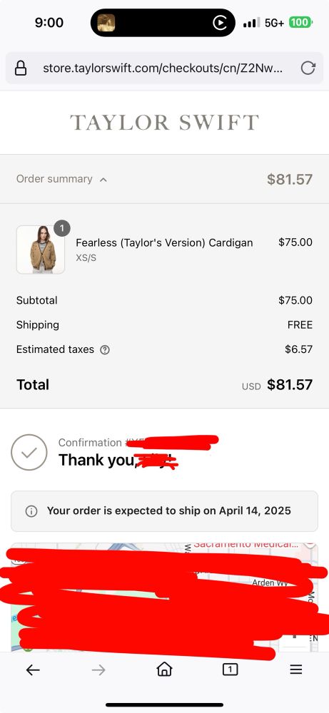 Screenshot of order confirmation for new Fearless TV cardigan