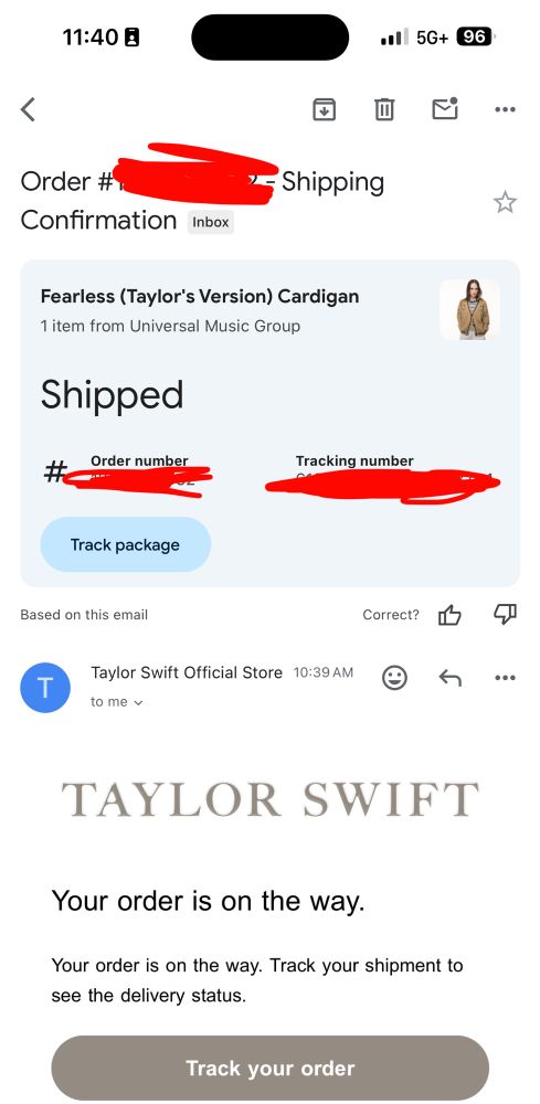 Screenshot of shipping confirmation for Fearless TV cardigan