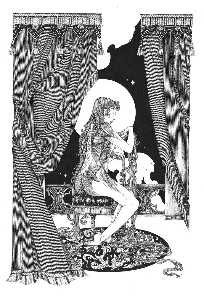 A woman braid her hair under the moon light, her back skinned showing muscles and bones.
Black and white illustration with fine lines from 2024. Made for a collective exhibit "Send nudes" where we explored representation of queer bodies.