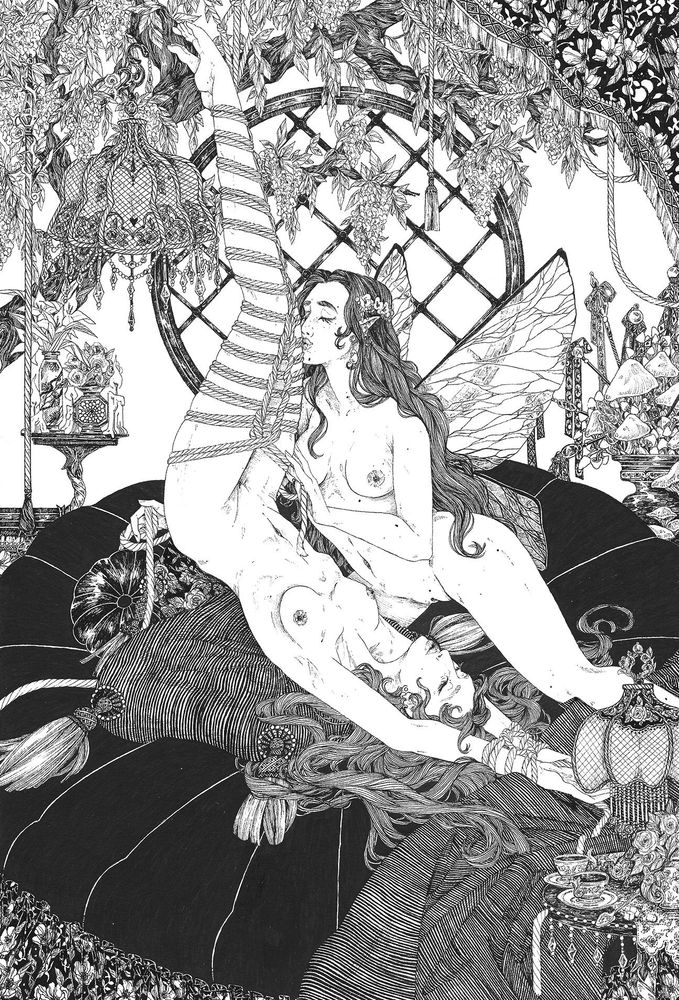 Black and white illustration with fine lines of a woman being trap, in a bondage mermaid tail, by a fairy because she told her, her name.