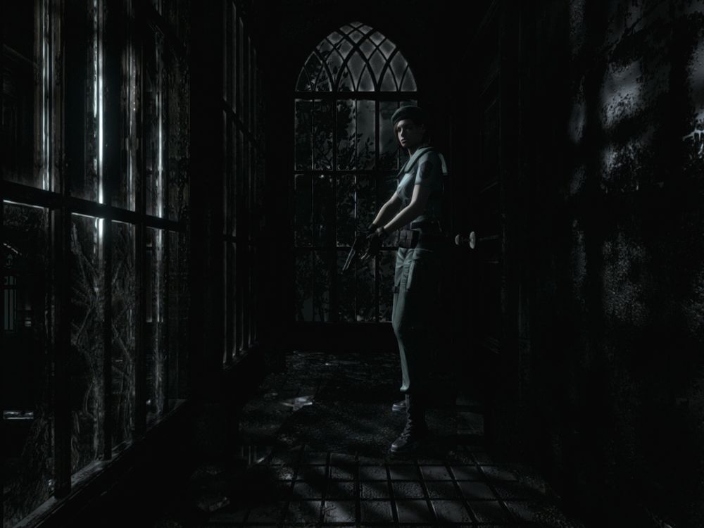Jill from Resident Evil standing still, weapon in hand, with the beautiful gothic window around her.