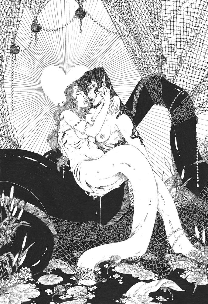 Black and white illustration with fine lines of two mermaids making out, yrapped in a net.