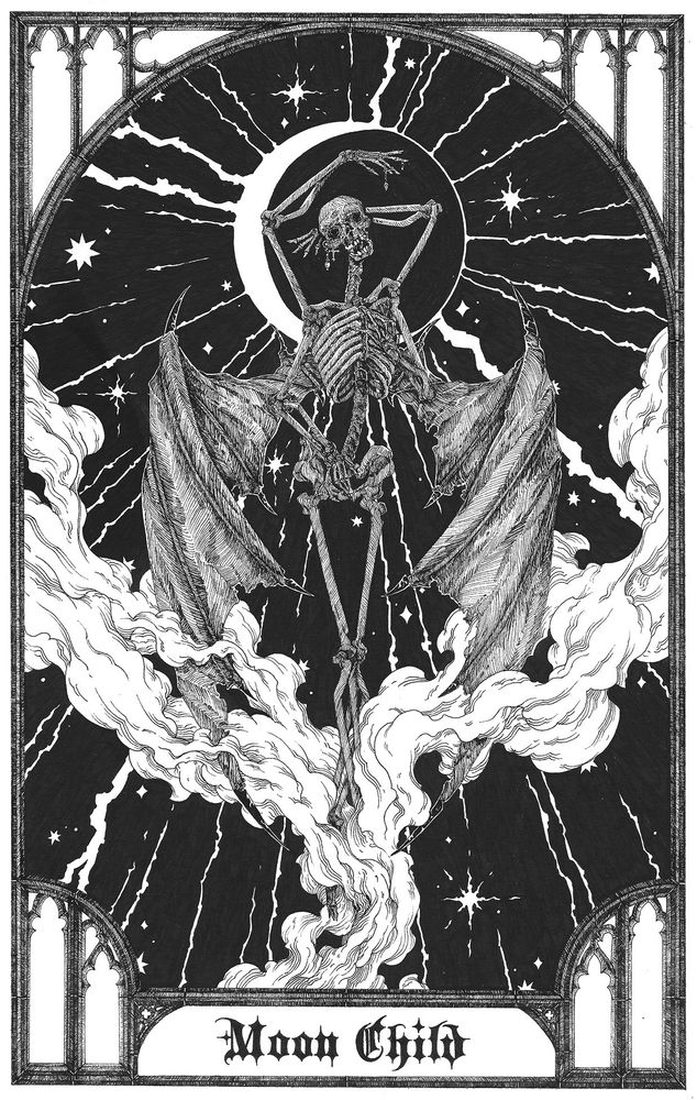 Oracle card "Moon Child".
A skeleton with bad wings and multiple arms stand in the night sky, smoke under their feet.
Black and white illustration with fine lines.