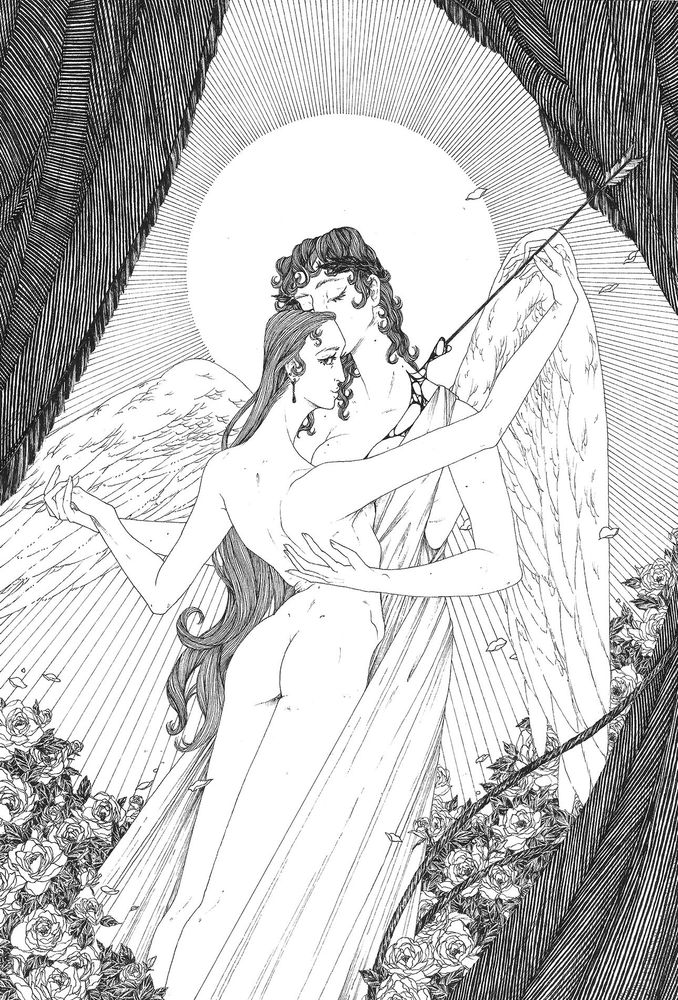 Black and white illustration with fine lines of Eros & Psyche but wlw.
Psyche hold an arrow that pierced Eros's neck, small drops of blood falling on her chest. While Eros holds and kisses her. They both are surrounded by flowers and curtains floating around.
