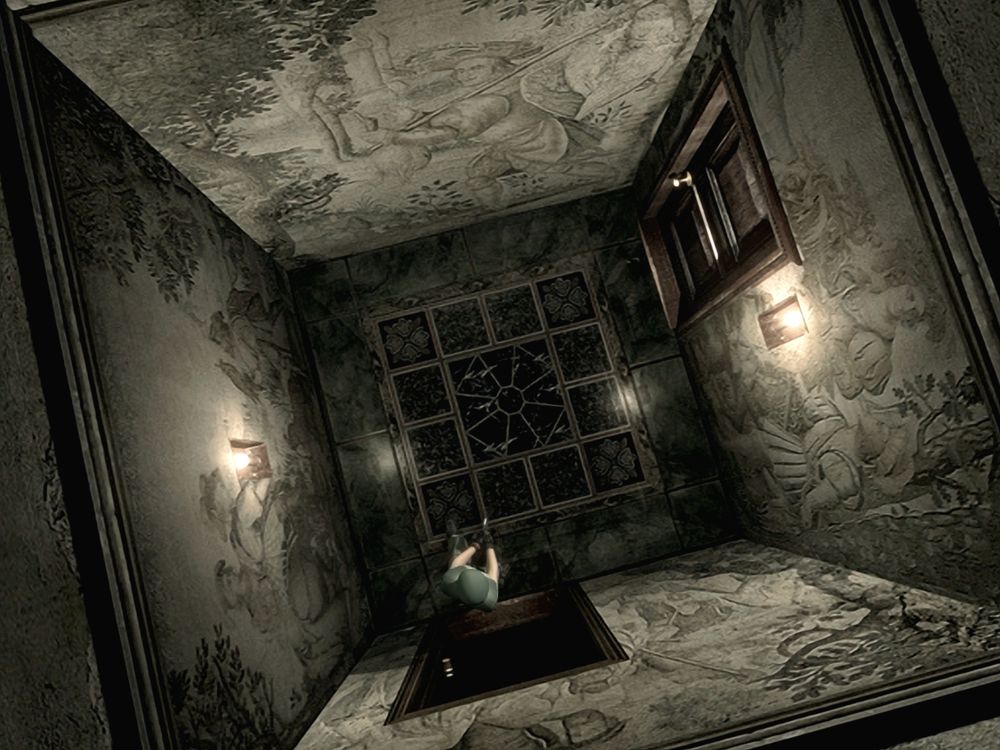 Capture of Jill from Resident Evil in a square room with murals of a hunt seen from above.