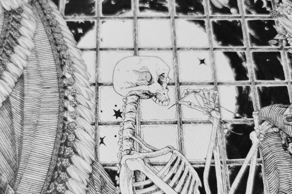 Illustration of a skeleton sewing, by hand, a jacket.