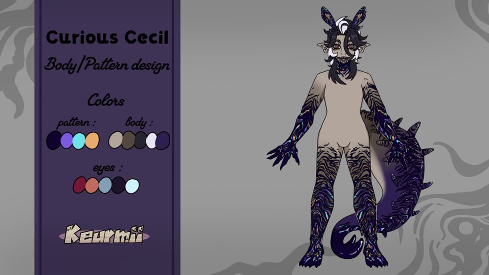 A humanoid with pale-ish skin with a dark blue/purple gradient effect on the arms, legs, neck, tail, and antennae. The gradient effect also has a dark marbling effect with bits of bright almost neon blue, orange, and purple mixed in. 

The antennae resemble those of a sea slug and the large tail also has a sea slug vibe to it with squishy spikes. 

He has four eyes that are blue, orange, and pinkish red. They have white 4-pointed star shape pupils. They have black and white messy hair pulled into a messy bun with a mullet.

((Art by Keurmii, please check them out!))