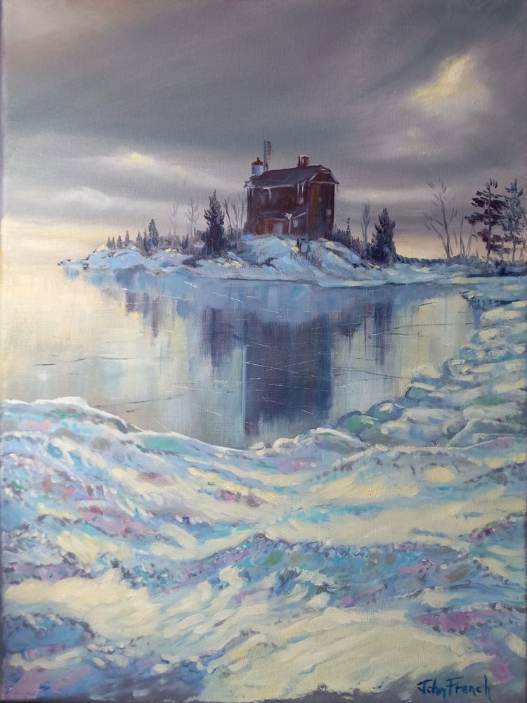Painting of a lighthouse on a frozen bay under gray skies.