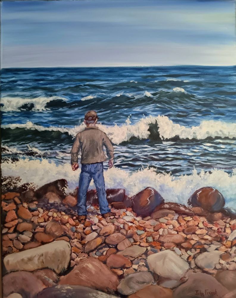 Corrected version of my painting "Rock Hound"
A man standing and watching rough waves while holding a rock.