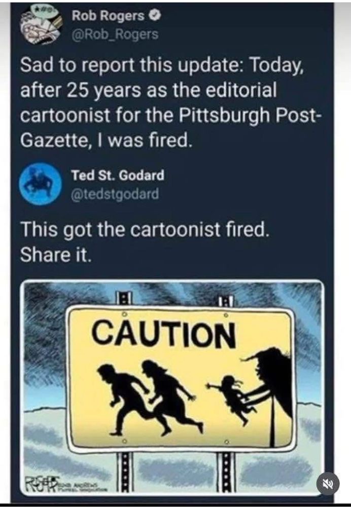 A cartoon of a yellow caution sign showing two migrants fleeing, while a shadowy clown figure abducts their child.