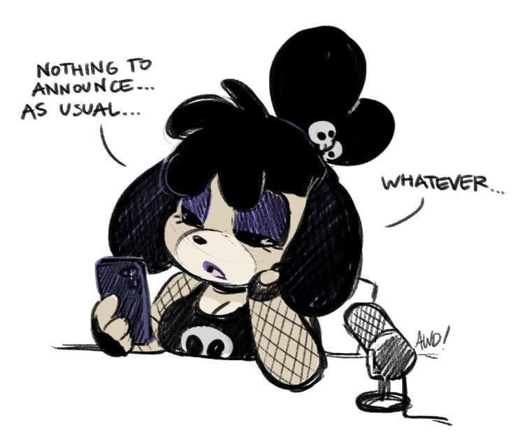 Another goth design for Isabelle, similar to the previous image. She is wearing a skull t-shirt with fishnet sleeves and fingerless gloves. She has on purple eyeshadow. She is on her phone, idling scrolling as she speaks into a microphone. 

“Nothing to announce… as usual…Whatever.”
