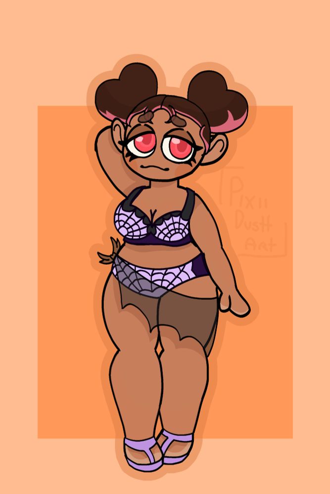 A chubby person with brown skin and red eyes stands in front of an orange background. Their hair is dark brown with pink highlights. The person is wearing a two-piece, purple swimsuit with a spiderweb motif. Their posture is slightly shy and they have a sheepish smile.