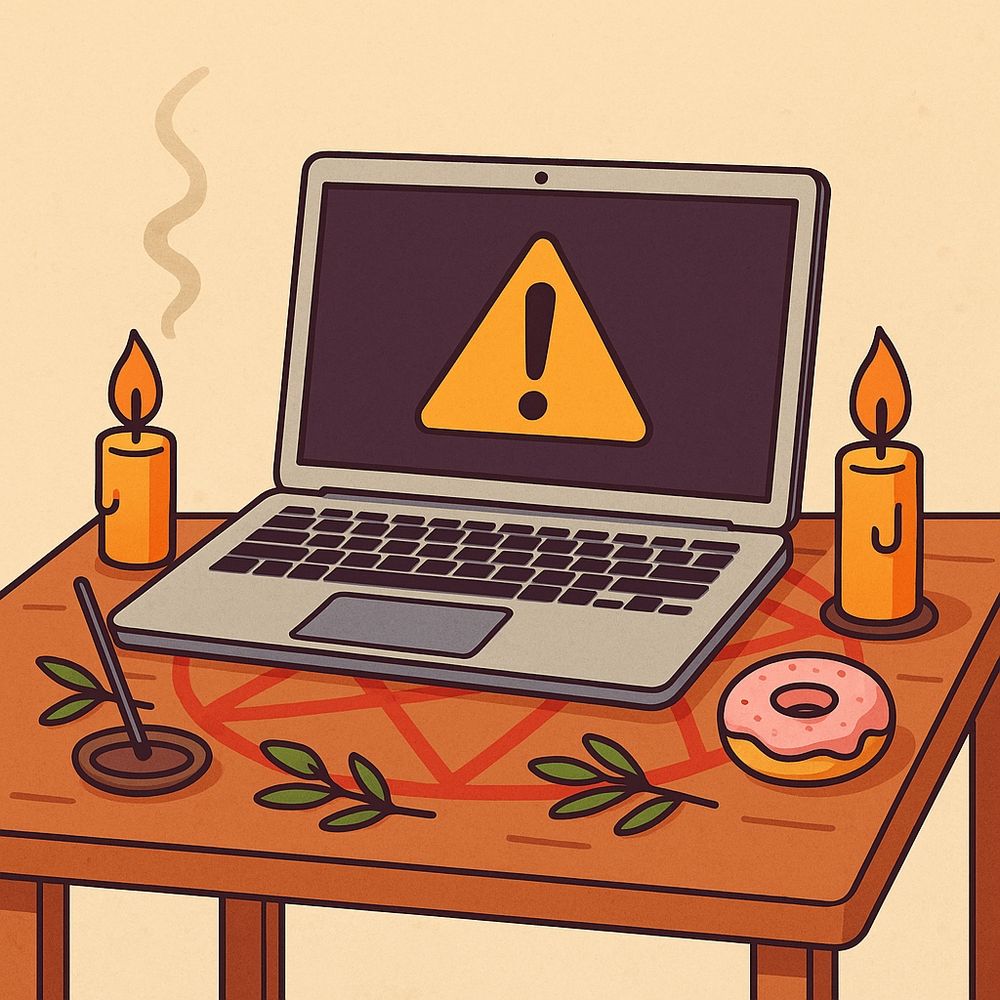 A laptop on an altar with ritual items—clearly a desperate attempt to banish merge conflicts.
