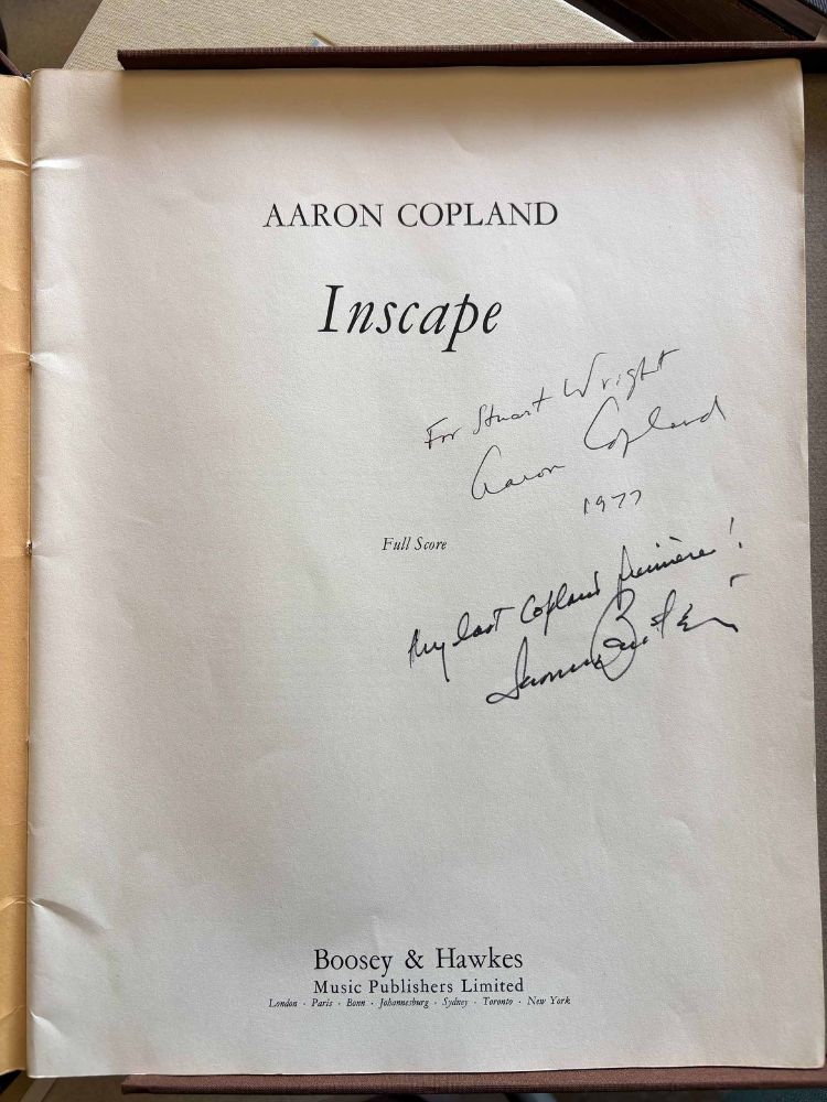 Title page to the full score of Aaron Copland's Inscape, with two signature inscriptions by Copland and Leonard Bernstein dated 1977, and the Boosey & Hawkes publisher's mark at the bottom.