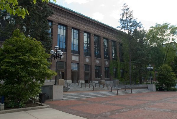 Brick facade of the Hatcher Library.