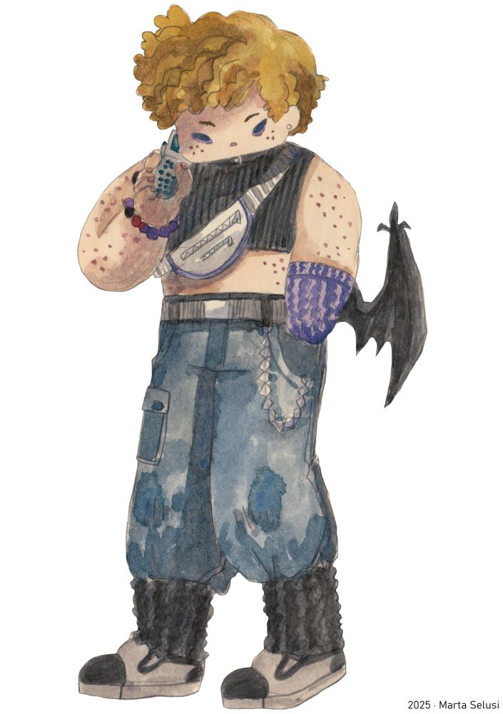 Fanart of Cloud Strife from Final Fantasy series made with watercolours and pencil on white background. He's dressing with a black tank top and denim trousers with black crochet leg warmers and slip on shoes. His amputee arm is protected with a purple warmer. He's talking on a flip phone.