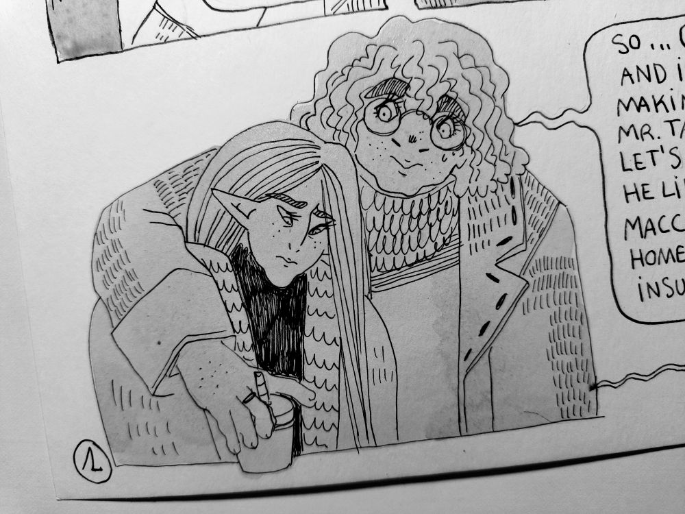 Photo of an ink panel of a comic featuring my original characters Puresoul and Hagan. Hagan's arm is around Puresoul's shoulders while holding a coffee. Puresoul seems depressed and Hagan is thinking.