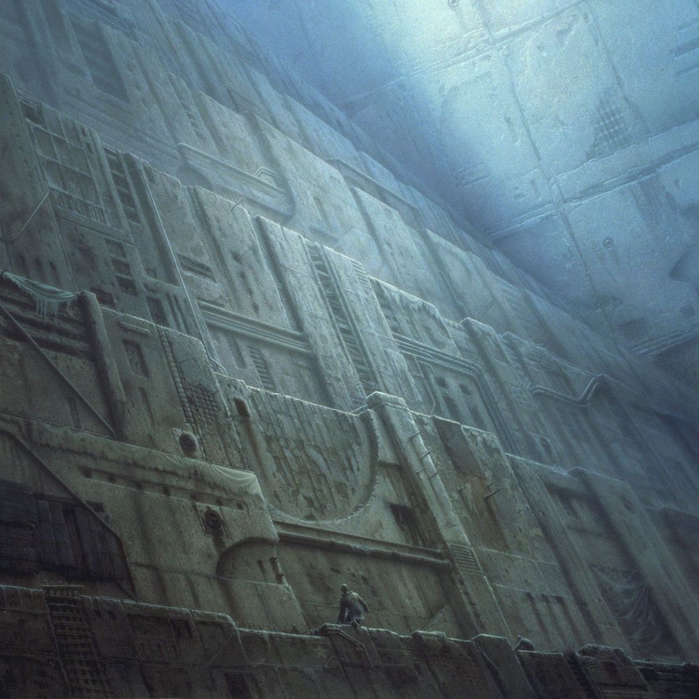 Detail from SUBTERRANEANS featuring a worm's eye view up a massive stepped wall. Light filters in from above hitting the side wall, lending the space a hazy atmosphere.