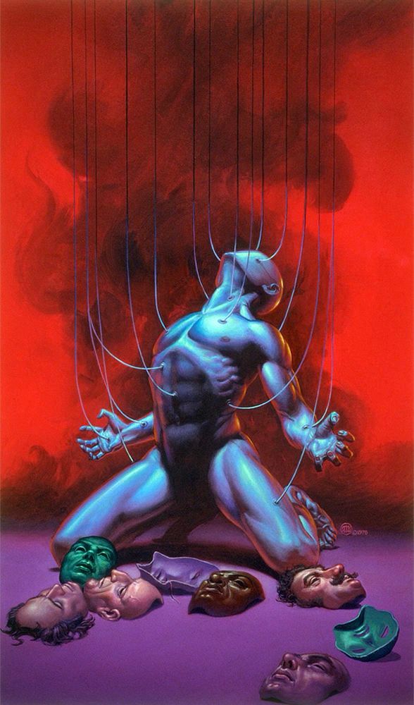From his knees, a naked man throws out his hands and arches his head back in anguish. Dangling like puppet strings, loose cords attach to his flesh at nodes that look like electrodes. His face is blank—not expressionless but literally a flat template to cover with one of the many masks lying on the vibrant purple ground in front of him. Light reflecting from his pale skin tints his flesh an unnatural desaturated gray-blue. The background offers an angry contrast of red, clouded with smoke rising from behind, a reflection of the turbulence building inside.