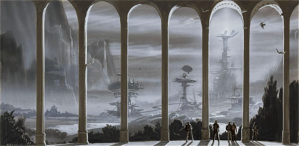 Preliminary concept VICTORY, rendered tonally and featuring elegant columns and curved arches defining the foreground. Standing tiny among them are five figures looking out at a futuristic city with raised roadways winding around saucer topped towers.