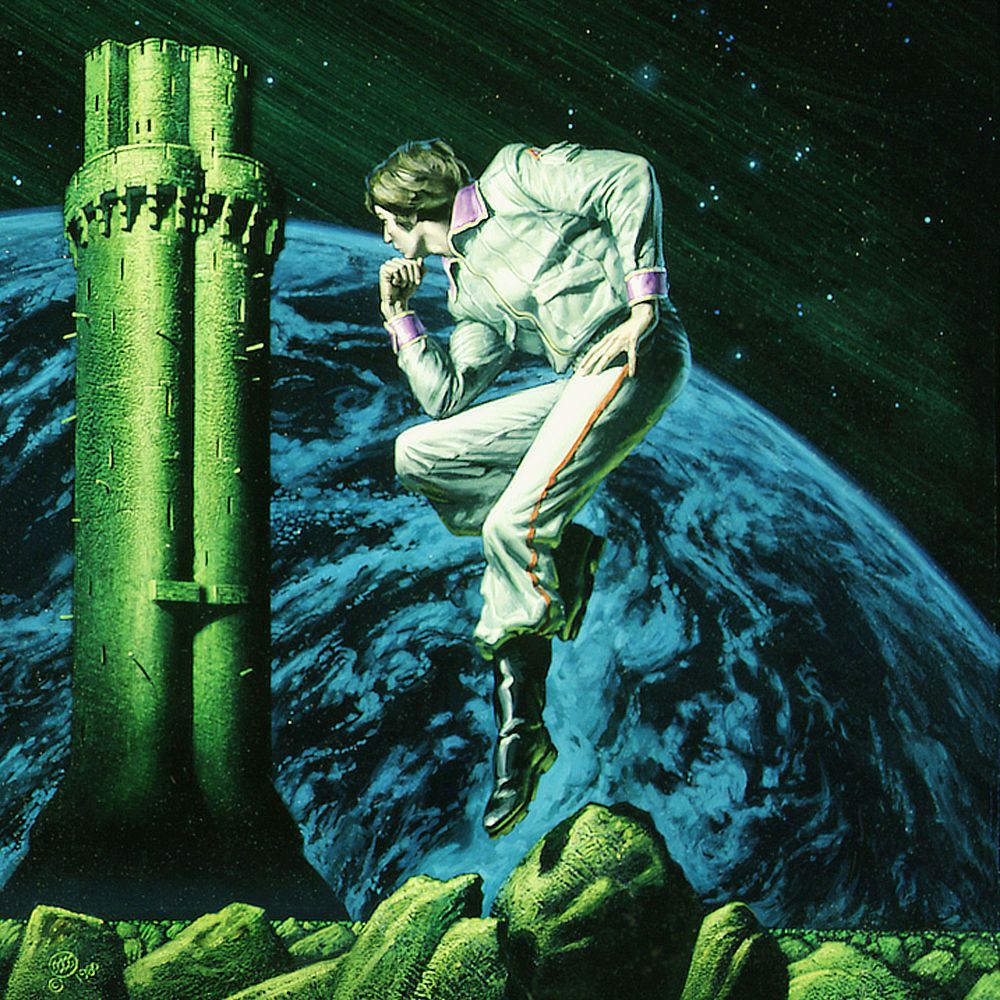Close detail from THE FINAL ENCYCLOPEDIA featuring a man in a white jumpsuit floating weightlessly in front of a cloudy planet. He strikes a contemplative pose with chin resting on his hand and his elbow on his thigh.