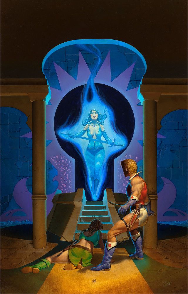 A woman enveloped in blue fire floats above a squat dais. Her eyes are closed as she holds out a sword with the flat of the blade laid out across her palm. Vibrant flame contrasts brilliantly against the black doorway behind her, a portal that is keyhole-shaped and bordered by a lavender starburst over blue stonework. The otherworldly vision of her is through a pillared arch. A woman lies prostrate on the patterned floor before her, propped on weary arms. A muscular swordsman hovers protectively seemingly caught in the moment by surprise.