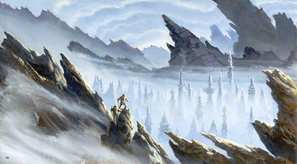 Cresting a ridge, two explorers take in the view of an ancient, alien city nestled in an arctic mountain range. Intricate spires rise out of a mist of windblown snow. Between the angled peaks of mountains, the sky radiates aurora-like waves rendered in white and gray-blue.