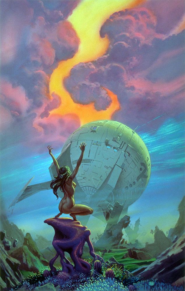 As seen from behind, a naked woman atop an abstract perch set in a verdant alien landscape. She crouches with arms upraised as she beholds the spherical form of an enormous spaceship. It isn’t clear whether she is worshiping the ship or calling down violence upon it. The sky is a contrast of blue streaked with silver topped with billowing clouds of pink and purple. A fiery channel of yellow and orange splits the clouds down to the top of the ship.