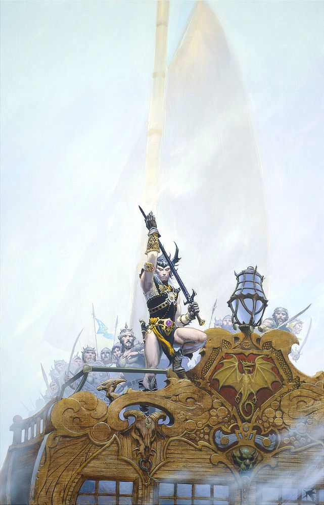 On a ship making its way through foggy water, Elric poses with one foot resting on the gunwales. The aft is decorated with intricate scrollwork that includes a dragon and several demon heads. Elric wears a black winged helm and a regal tunic with yellow accents. Fine silver chainmail shows underneath. The milky white skin of his arms and legs are bare to the elements. His eyes mirror the jewel at his belt as he stares down at the audience gripping Stormbringer while running his free hand along the long black runeblade. The sight of him leaves the crew, armed with swords and spears, shrinking back in fear.