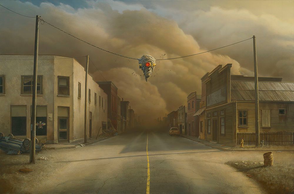 A harsh look down abandoned main street as a dust storm is about to swallow the town, pushing forward from billowing brown clouds on the horizon. In the foreground a stop light hangs papered over with a giant wasp nest. Ominously the red light of the signal protrudes from the nest like an unblinking eye fixated on the viewer. The yellow lane line dividing the street wavers off-center. To the left, a car is overturned. Among the wreckage lies a child's rag doll spilled out the passenger window. An eagle with wings spread wide is painted on the derelict shop window.