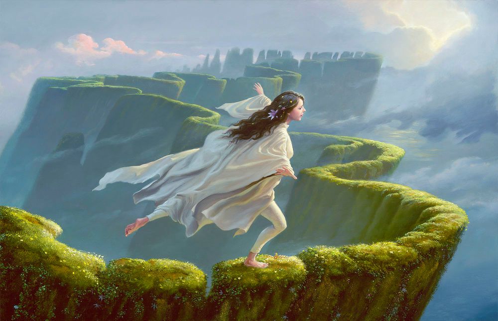 With flowers decorating her long dark hair, a young woman draped in flowing white fabric spreads her arms wide as she dances along the top of a moss covered wall. The narrow path set high in the clouds unwinds like a ribbon, zigzagging left to right and back again. As the path recedes into the distance breaks become larger and more apparent.
