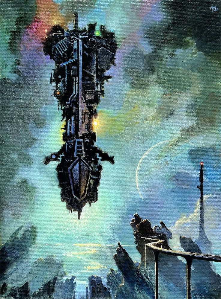 A black spaceship hovers with the dark cloud-cover around it shifting with prismatic colors. The shape of the ship is roughly an arrow pointing down. Jagged rock formations in the immediate foreground angle toward the nose of the ship. In the foreground right, an elevated road winds through mountainous terrain supported along the way by only single pillars. A thin communications tower topped with a red light intersects clouds partially obscuring the glowing edge of a massive moon. In the background behind the angled mountains, a snaking river glistens all the way to the bright line of the horizon.
