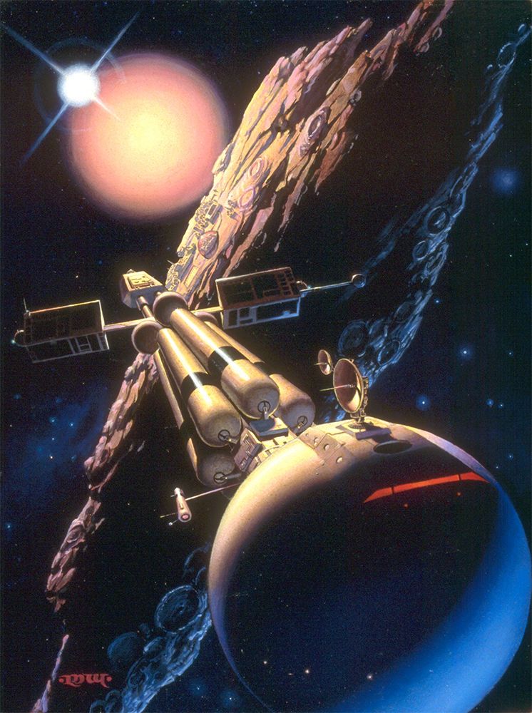 A spaceship with spherical bow—reminiscent of the Discovery from 2001: A Space Odyssey— maneuvers past an oblong asteroid. The ship is so close in the foreground that part is off panel. The rock behind it is set on a diagonal rising to the right with a flaring sun in the distance. On the asteroid's surface is a dome. Other structures hint at a colony or starbase. A line of thin red windows indicates the bridge. Not far above two communication dishes rise. A cluster of cylinders run along the long shaft of the ship. From the aft, solar panels extend out to both sides.
