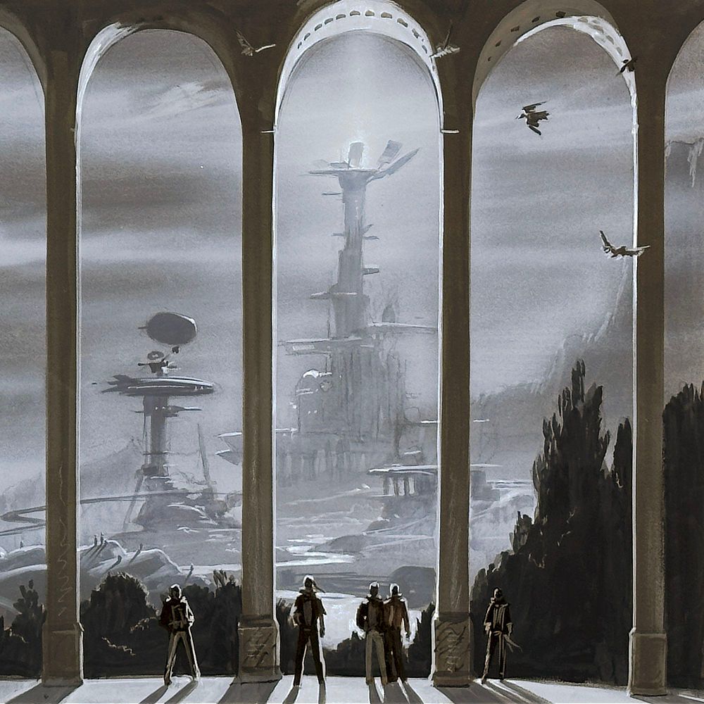 Standing tiny among elegant classic arches, five figures look out at a futuristic city with raised roadways winding around saucer-topped towers. The top of one tower is illuminated with white light either beaming down or transmitting up. Alien birds fly among the archways.