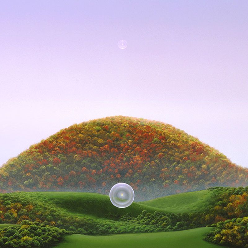 Detail from THE LAST HILL featuring a transparent sphere containing a solitary flame hovering in the foreground. Behind it, rolling green hills lead to a tall mound covered in tree tops representing a range of autumnal colors: yellow, orange, red, and green. In the distant, another sphere floats high over the hilltop.