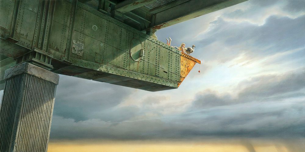 On a green steel girder under a highway overpass, a young woman in yellow tank top and denim shorts lounges in the sunlight, laying on her stomach with chin resting on the back of her hand and elbows propped on metal reinforced with huge rivets. Playfully she kicks up her feet behind her as she glances out at gray cloudy skies. Indirect light shines through a break in the distant clouds. A dodo ventures toward the edge of the structural support, which is painted in a flaking triangle of caution yellow. At the very end, an apple dangles on a string in the open air. A pale yellow of streak of sunset lines the bottom of the panel but so high up, no ground is in sight.