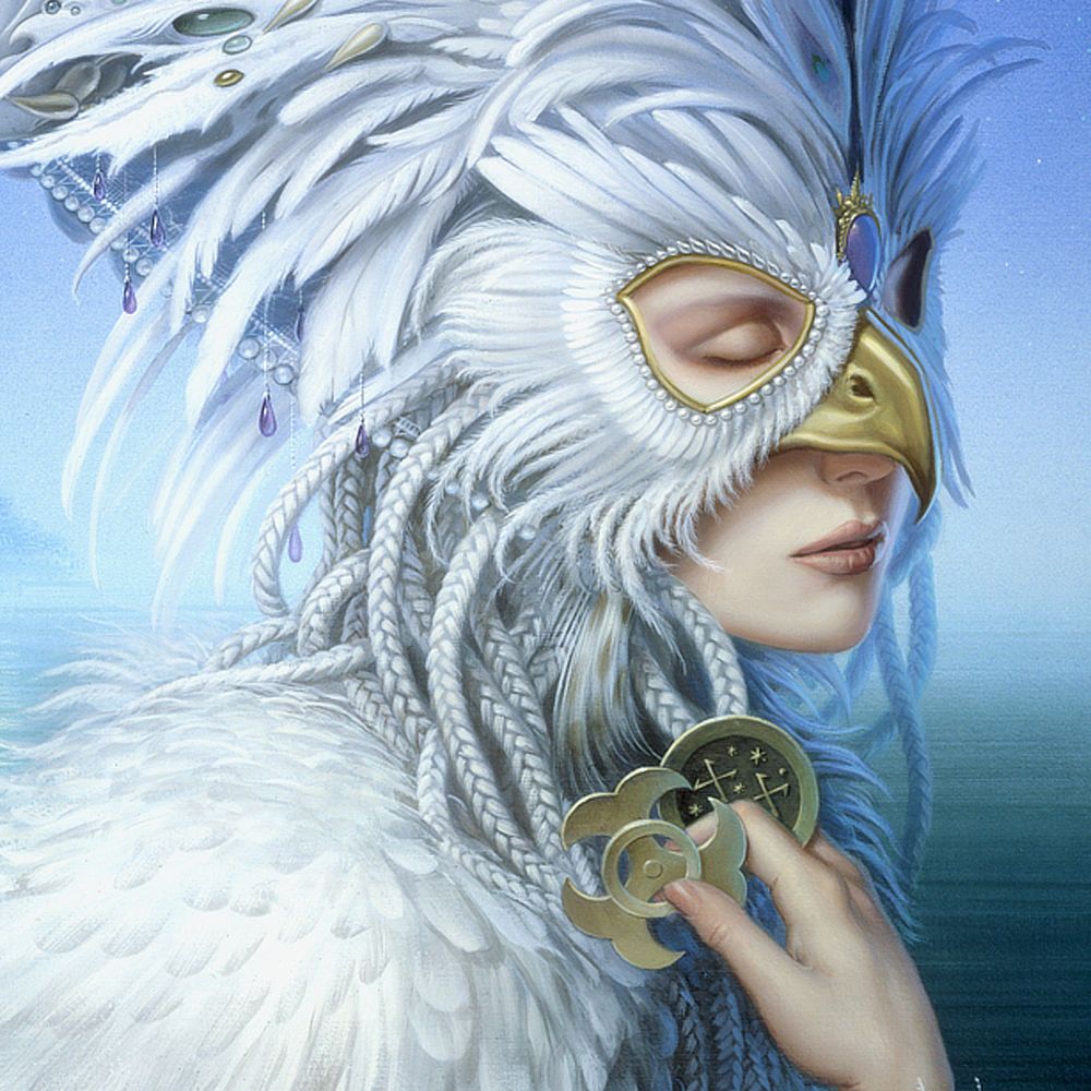 Close detail from THE SNOW QUEEN featuring the face of the queen in ornate headdress and feathered cloak. Snakes of white completely cover her neck. In her fingers, she fans two metal trinkets. One is reminiscent of a biohazard symbol. The other is a star chart with two crosses. The beak of her mask and contour around her eyes stand out in muted gold. Her eyes are closed, painted subtle and smokey, and her lips are pale.
