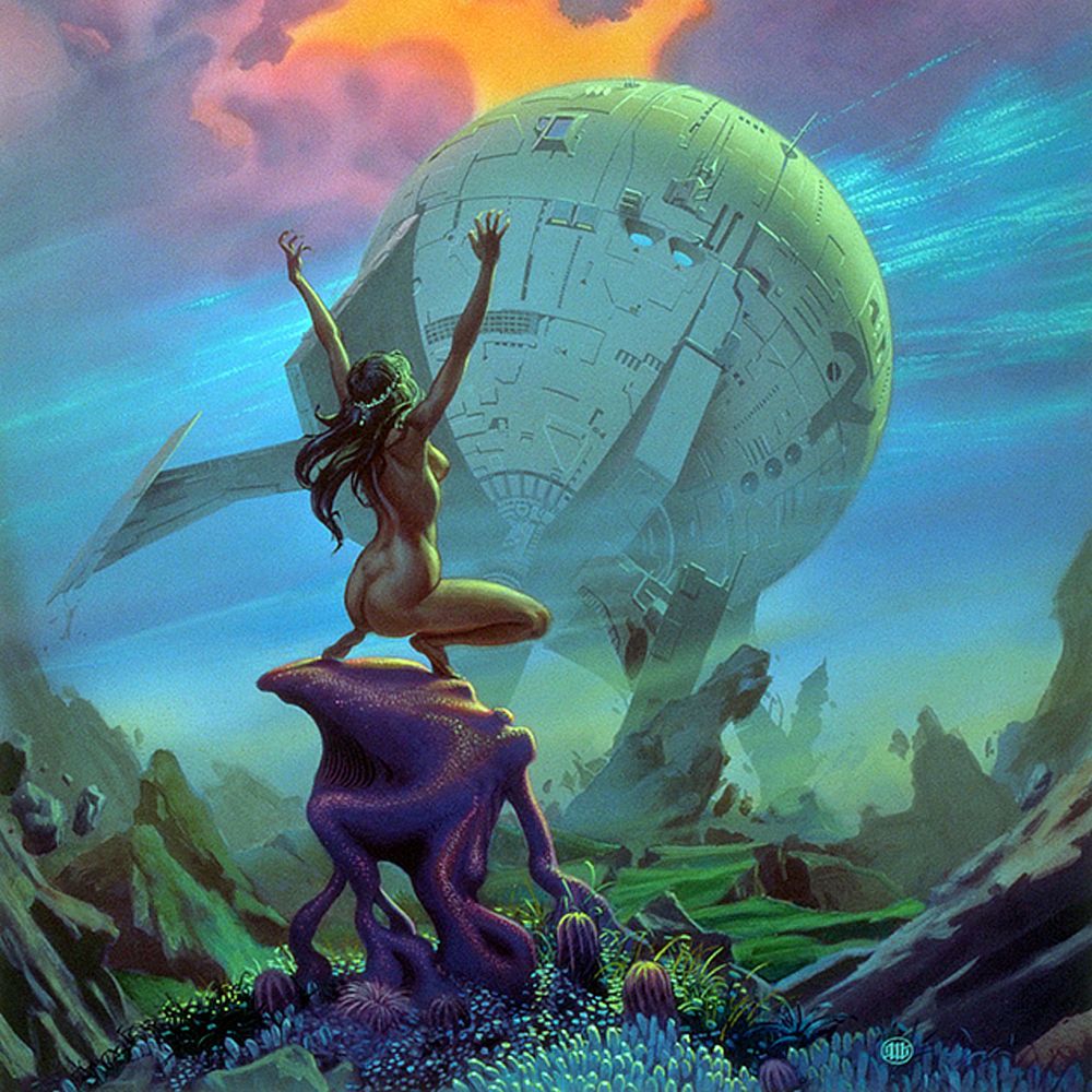 Figure detail from LAMARCHOS featuring a naked woman crouched on an abstract purple perch. Her position with arms upraised is angled not quite towards but past an enormous spherical spaceship. A delicate circlet runs around her head and over long dark hair.