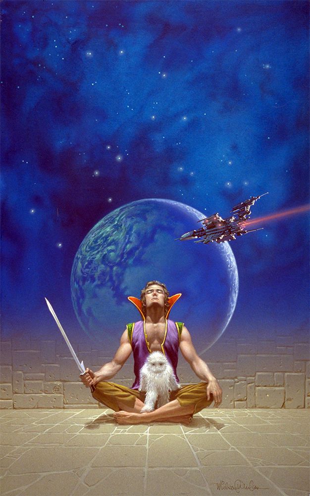 A man sits on a stone floor in lotus position with his eyes closed and his head back. Climbing out of his lap is a small white furred alien creature with black eyes like beads. The man is wearing a colorful purple vest with a high red collar. He grips a short sword in his hand as his forearm rests on his knee. Above the man, seemingly where his thoughts are projecting, is a blue clouded planet set against a starscape. A sleek needle-nosed starship is burning toward it.
