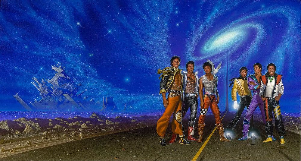 The six Jackson brothers dressed in 80s stage costume stand on a blacktop road that shoots up into the sky at the horizon reaching up to the core of a spiral galaxy. The night sky is an electric blue filled with a cascade of stars spun off the galaxy. In the distance, city lights stretch to the horizon. An enormous futuristic structure (city in the sky) rises just beyond the horizon.
