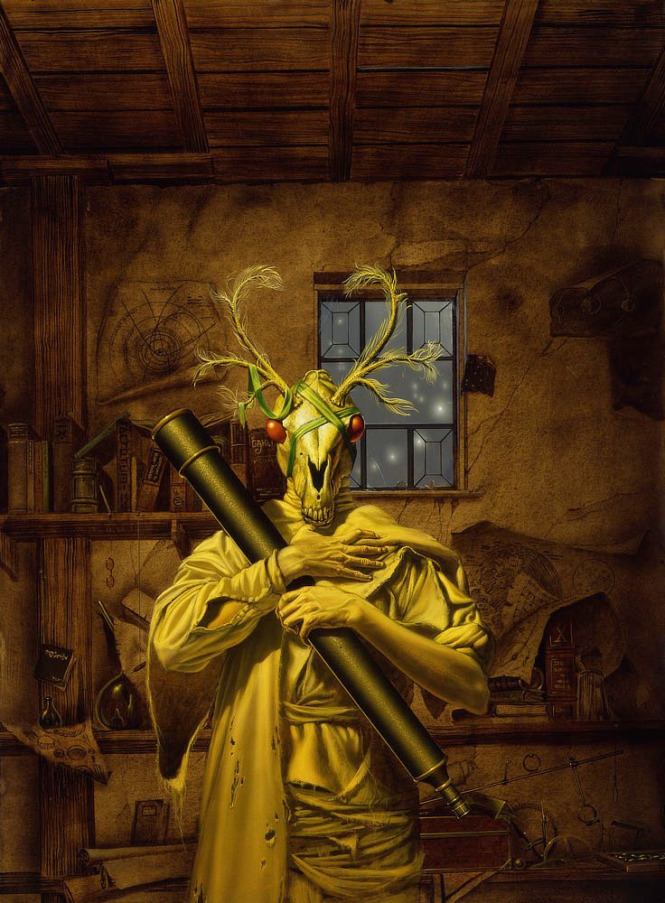 A man wearing the skull of a deer clasps the long tube of a telescope tightly to him. One sleeve of his tattered white garments is rolled up past the elbow. Ridges of veins are raised in the tense grips of his hands. Red orbs fill the sockets of the skull while green ribbon twists around the bone until loosely draping over antlers. Filaments sprout, oddly feathery, from the curling rack. On the dingy shelves behind, a small assortment of hardbound books lean with more stacked haphazardly on the long shelf below. Charts tacked to the wall curl with age. Points of light, more like street lamps than stars, gleam in the cracked glass of a many-paned window.
