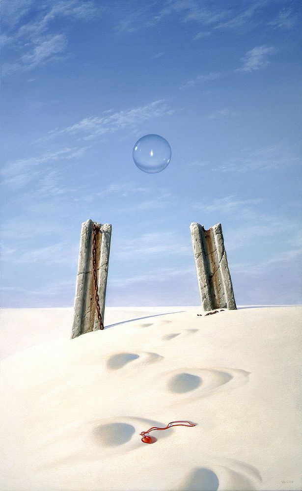 Set against a baby blue sky, a single flame contained within a transparent sphere floats off between two broken, inward-tilting columns. In the recessed channel of one stone, a rusted chain dangles down to white sand. Links of the broken chain lie mostly buried at the base of the other column. In the immediate foreground, a red glass heart tied on a ribbon lies discarded among deeply shadowed footprints dimpling the sand as they approach the columns.
