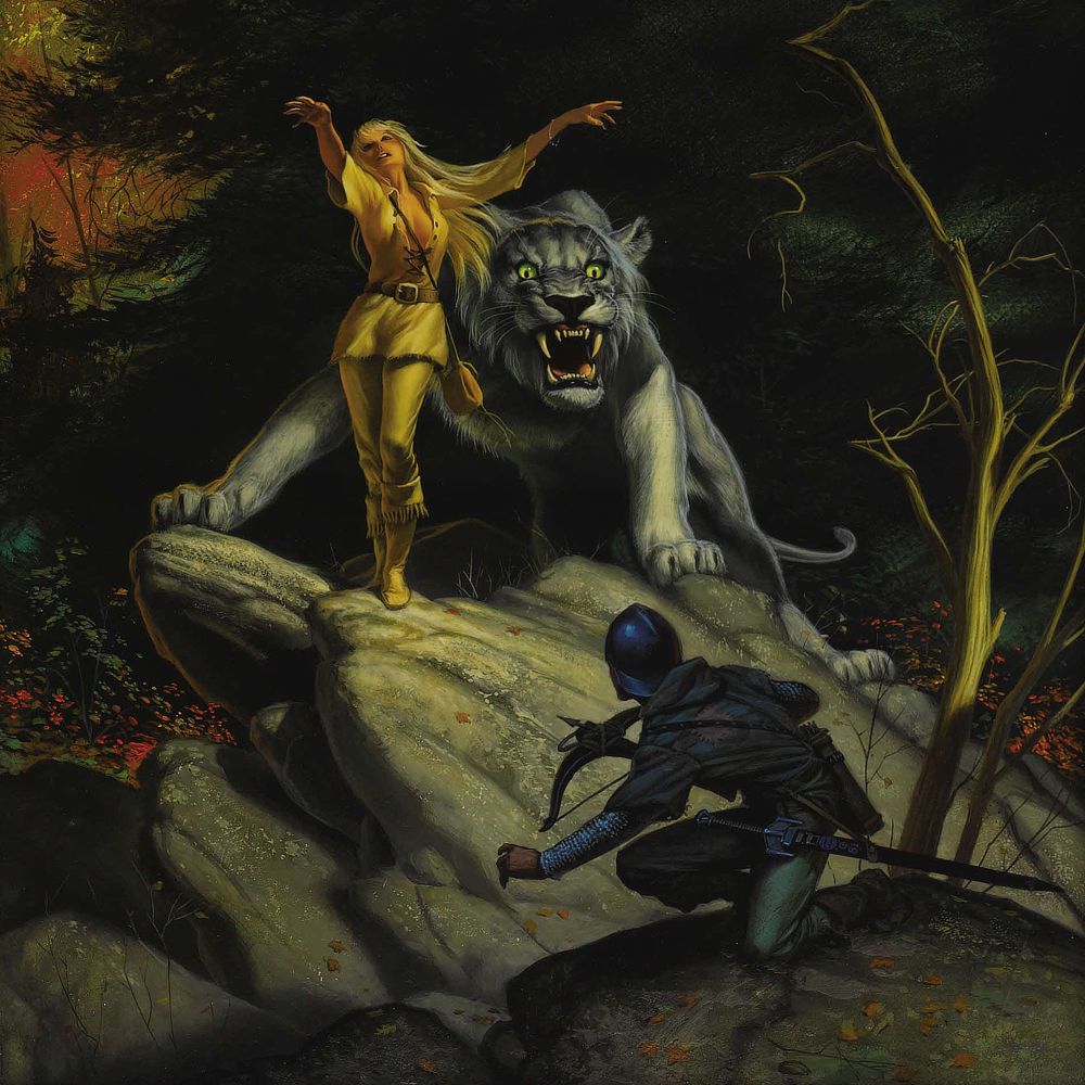 Detail from HORN CROWN featuring an enchantress with long, straight hair the color of wheat throws her arms out and head back with wild grace. At her side, an enormous white tiger snarls protectively with piercing green eyes focused on a crossbowman perched on a rock below, who startles in motion from his knees.